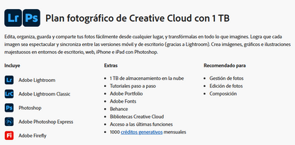 Plan fotográfico de Adobe Creative Cloud con 1 TB.